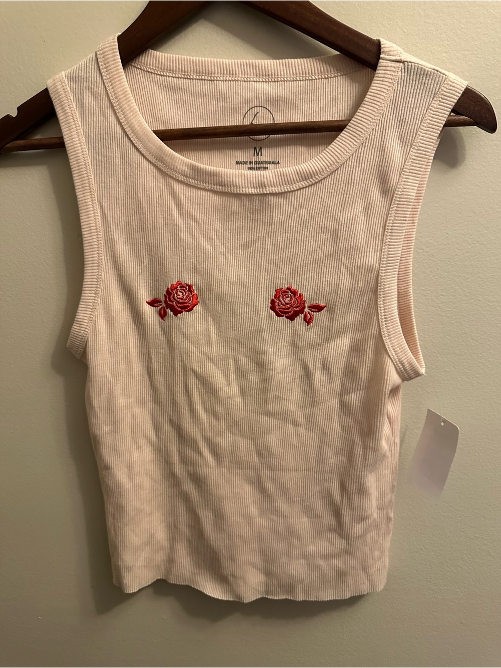 Linden Pink Ribbed Tank with Red Rose Embroidery